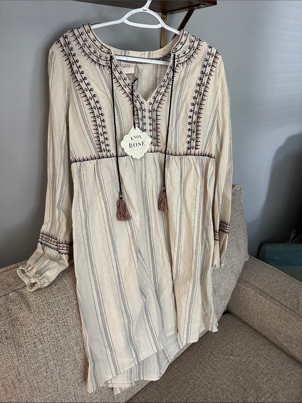 Knox Rose Cream Striped Embroidered Peasant Dress NWT
